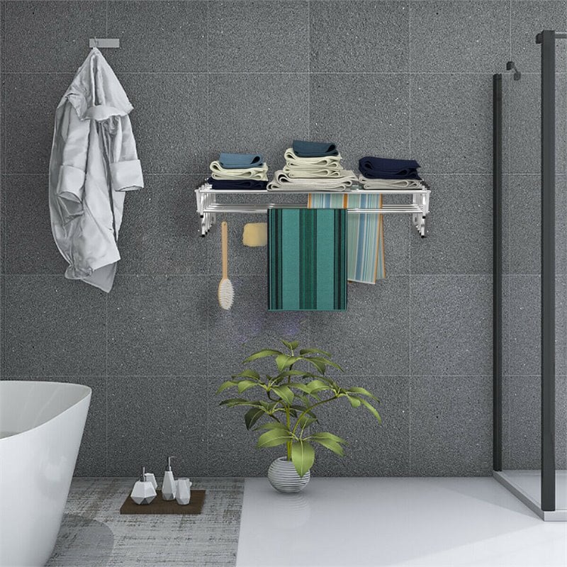 Costway Contemporary Rattan and Iron Wall Mount Expandable Towel Rack in Silver