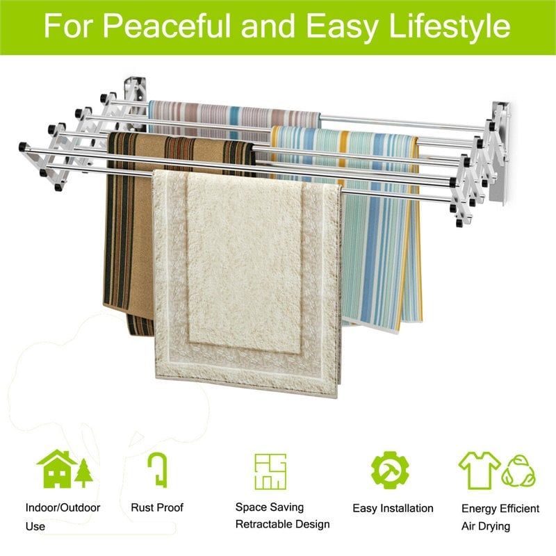 Costway Contemporary Rattan and Iron Wall Mount Expandable Towel Rack in Silver