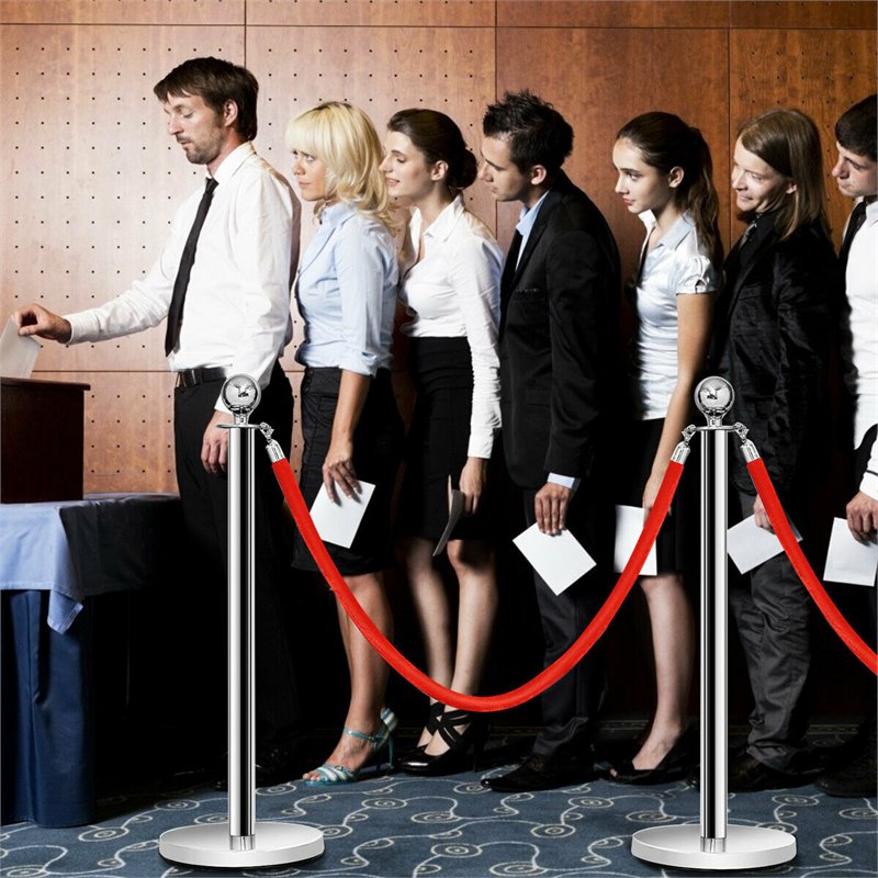 Costway Contemporary Stainless Steel Queue Pole in Silver/Red Velvet (Set of 6)