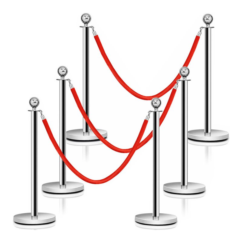 Costway Contemporary Stainless Steel Queue Pole in Silver/Red Velvet (Set of 6)