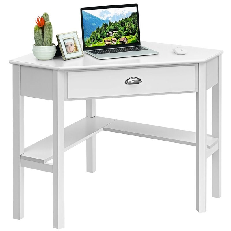 Costway Contemporary MDF and Pine Wood Corner Computer Desk in White