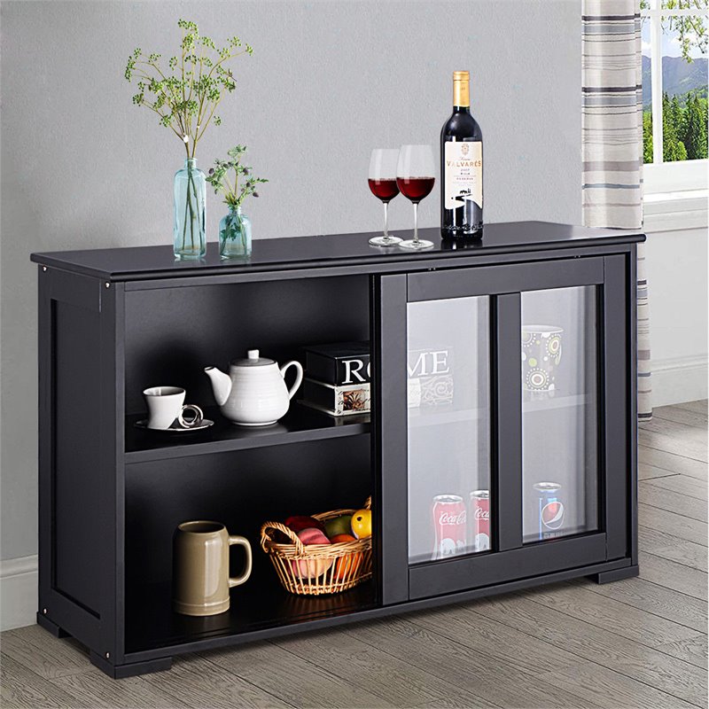 Costway MDF and Glass Kitchen Storage Cabinet with Sliding Door in Black