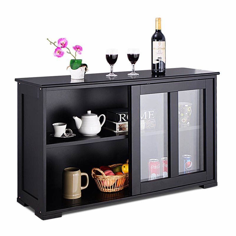 Costway MDF and Glass Kitchen Storage Cabinet with Sliding Door in Black