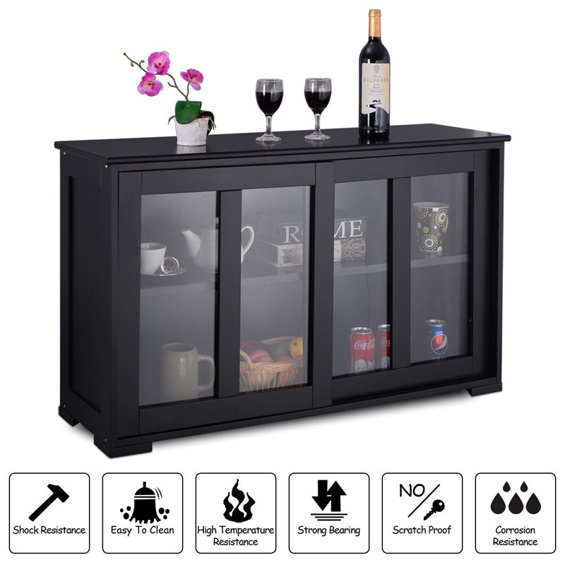 Costway MDF and Glass Kitchen Storage Cabinet with Sliding Door in Black