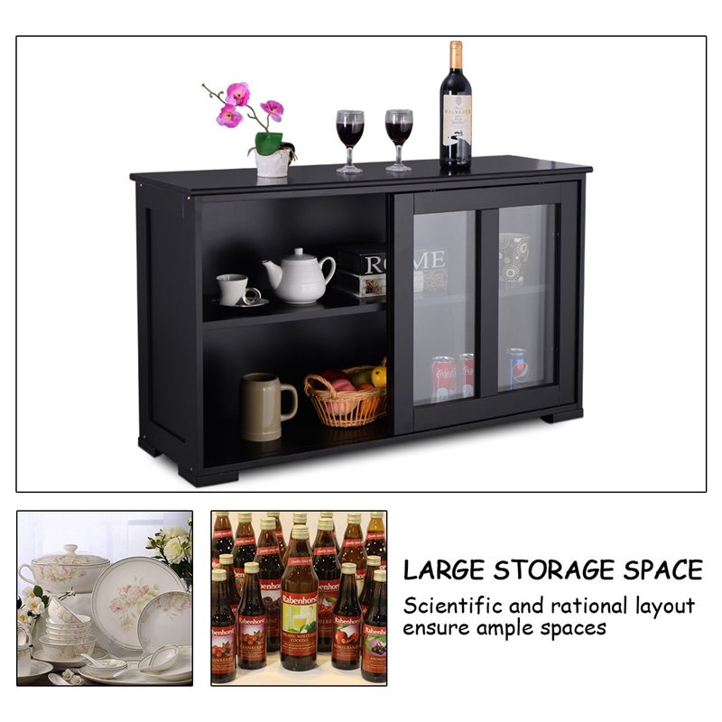 Costway MDF and Glass Kitchen Storage Cabinet with Sliding Door in Black