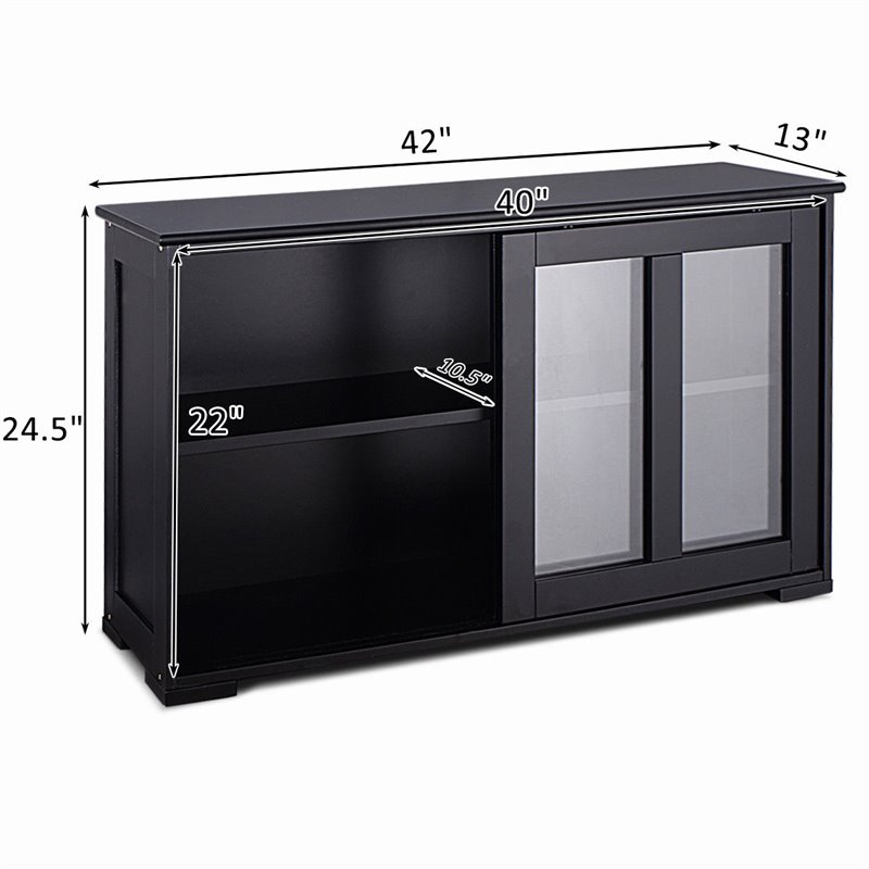 Costway MDF and Glass Kitchen Storage Cabinet with Sliding Door in Black