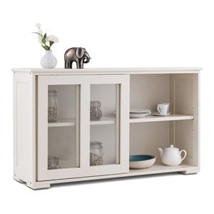 Costway MDF and Glass Kitchen Storage Cabinet with Sliding Door in White