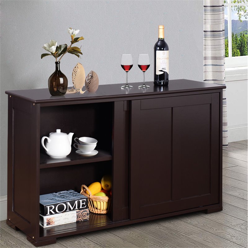 Costway MDF Kitchen Storage Cabinet with Sliding Door in Brown