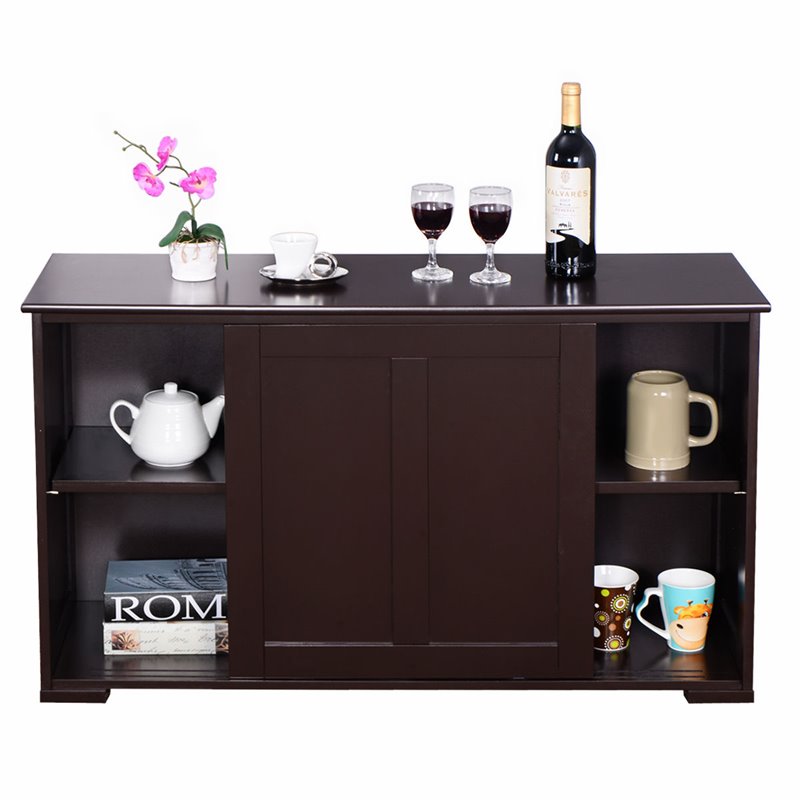 Costway MDF Kitchen Storage Cabinet with Sliding Door in Brown