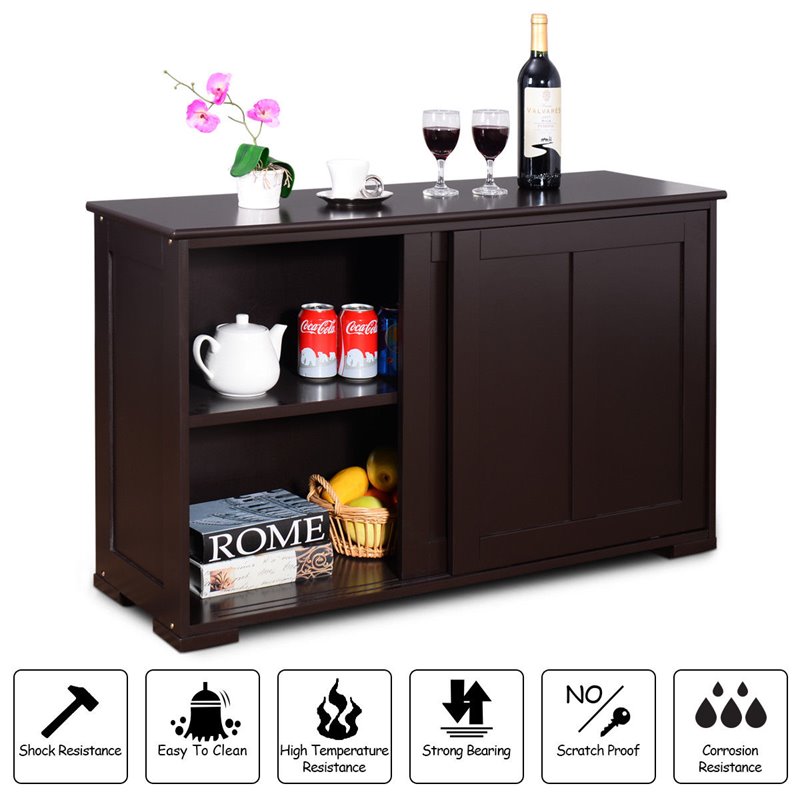 Costway MDF Kitchen Storage Cabinet with Sliding Door in Brown