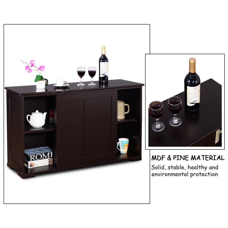 Costway MDF Kitchen Storage Cabinet with Sliding Door in Brown