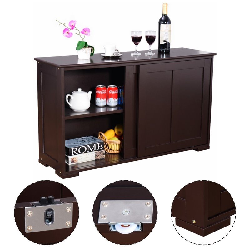 Costway MDF Kitchen Storage Cabinet with Sliding Door in Brown