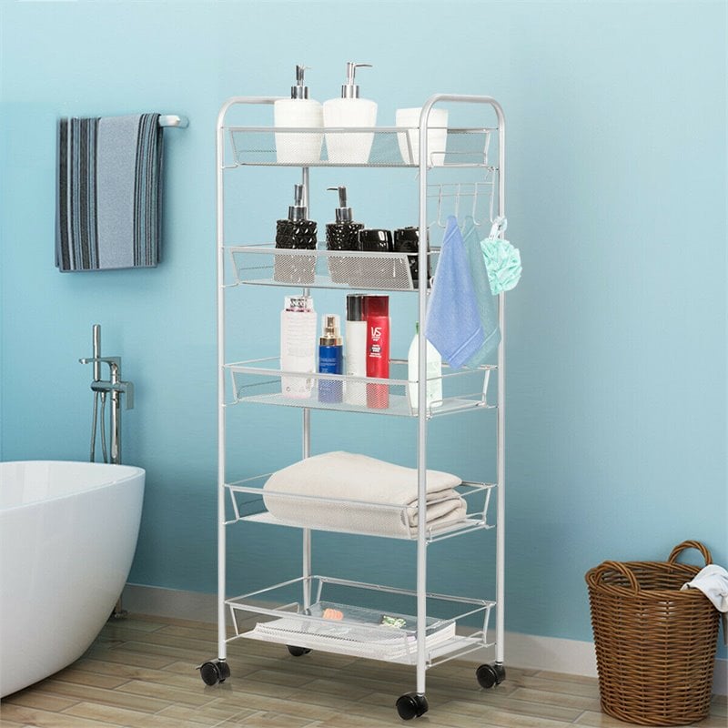 Costway 5-tier Contemporary Steel Mesh Rolling Cart with 4 Wheels in Silver