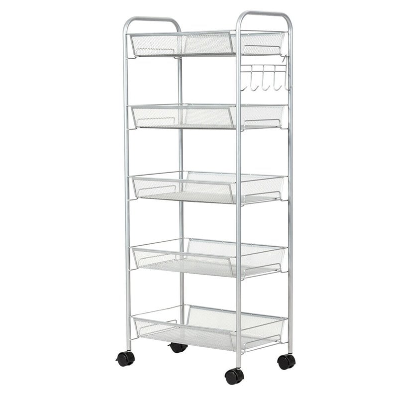 Costway 5-tier Contemporary Steel Mesh Rolling Cart with 4 Wheels in Silver