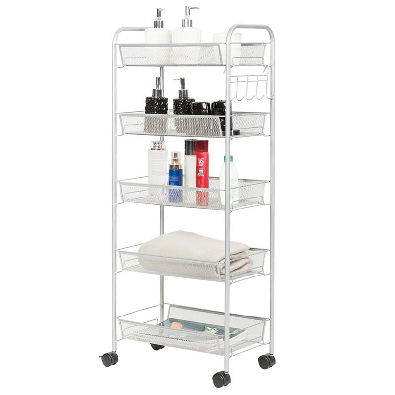 Costway 5-tier Contemporary Steel Mesh Rolling Cart with 4 Wheels in Silver