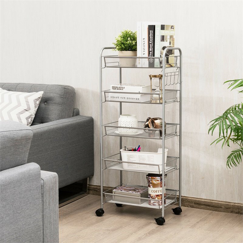 Costway 5-tier Contemporary Steel Mesh Rolling Cart with 4 Wheels in Silver