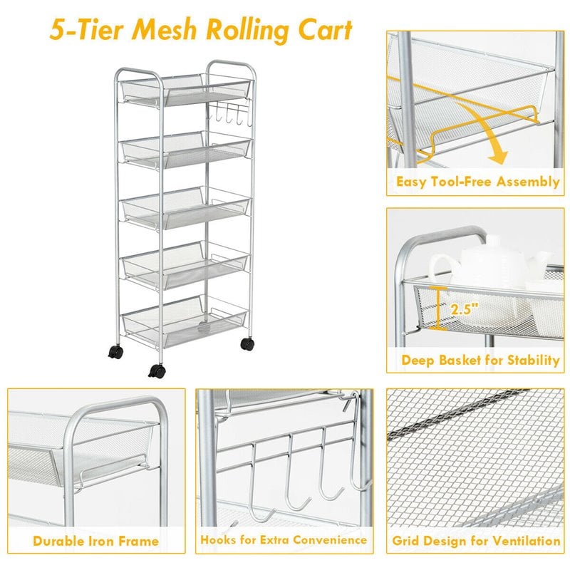 Costway 5-tier Contemporary Steel Mesh Rolling Cart with 4 Wheels in Silver