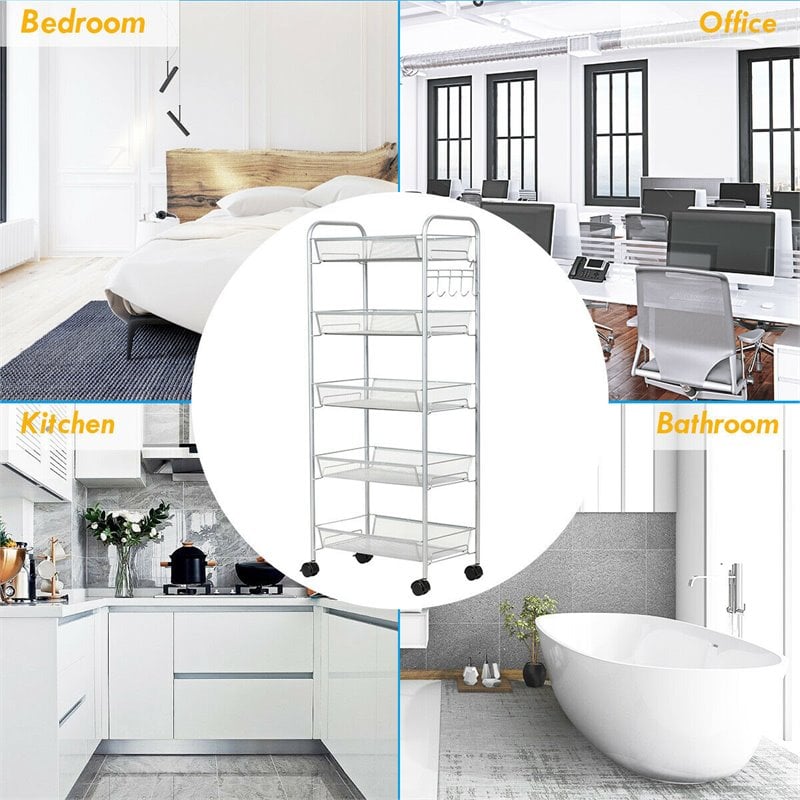 Costway 5-tier Contemporary Steel Mesh Rolling Cart with 4 Wheels in Silver