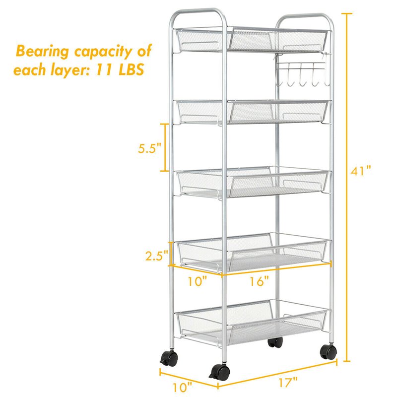 Costway 5-tier Contemporary Steel Mesh Rolling Cart with 4 Wheels in Silver