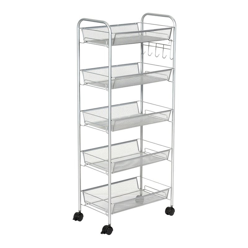 Costway 5-tier Contemporary Steel Mesh Rolling Cart with 4 Wheels in Silver