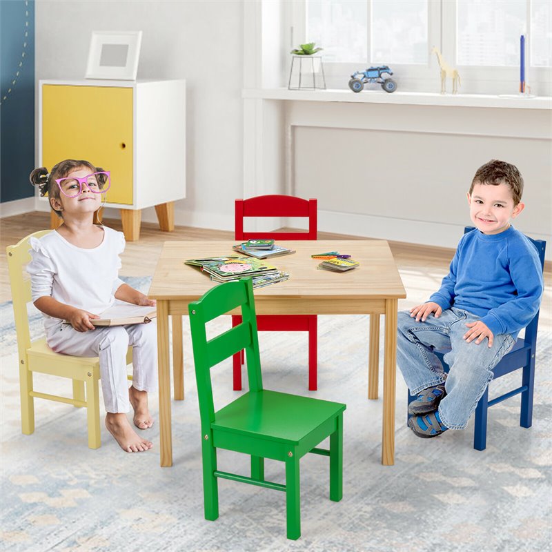 Costway 5 piece Contemporary Pine Wood Kids Table and Chair Set in Multi Color Homesquare