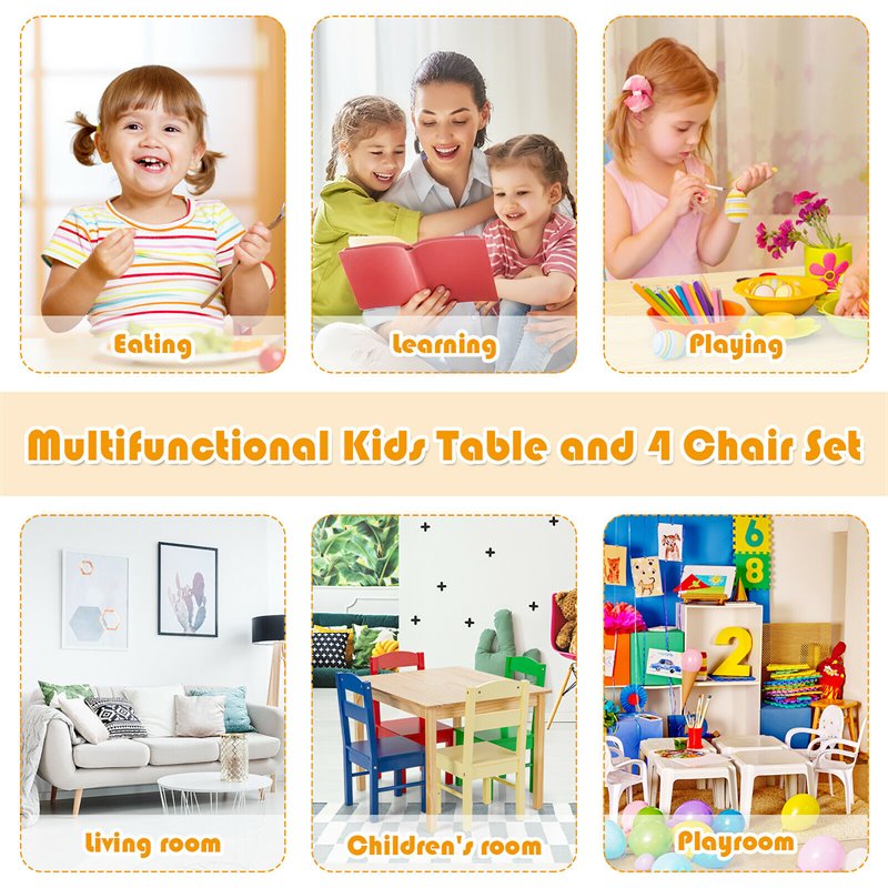 Costway 5-piece Contemporary Pine Wood Kids' Table and Chair Set in Multi-Color