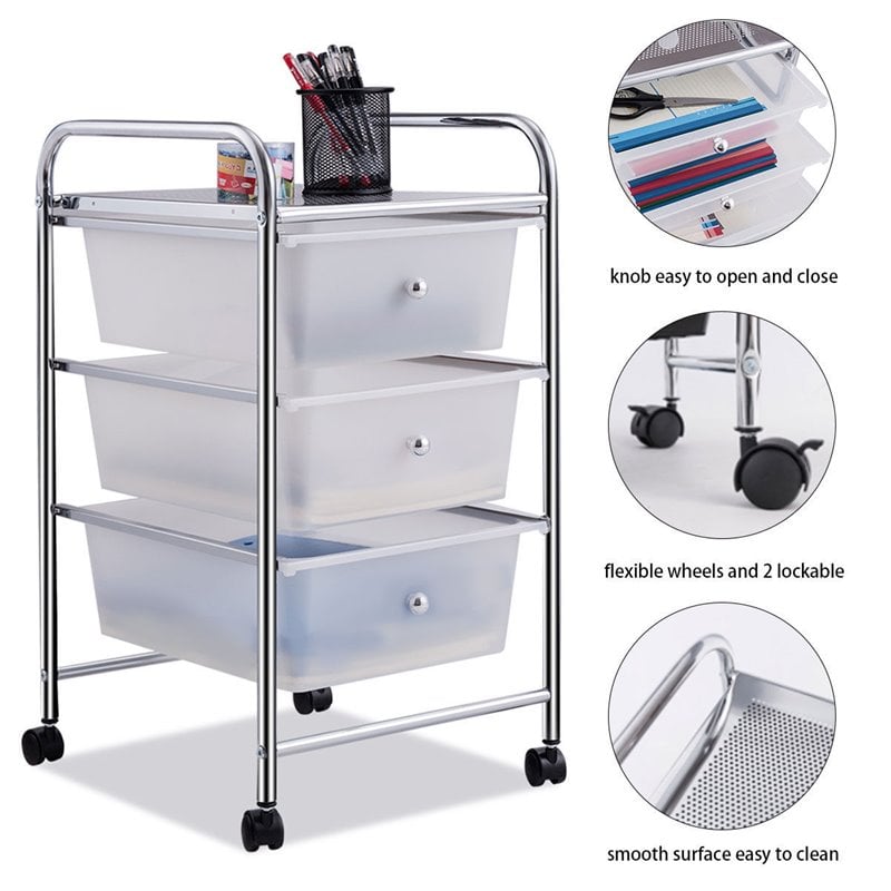 Costway 3-drawer Contemporary PP and Steel Rolling Storage Cart in White