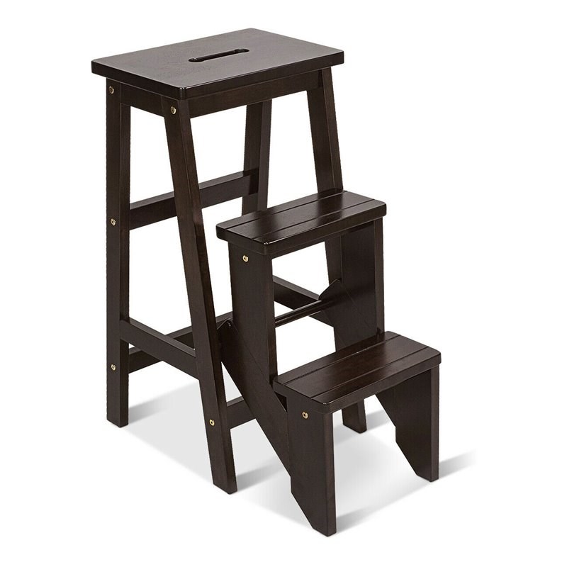 Costway 3-tier Contemporary Pine Wood Multi-function Folding Ladder in Coffee