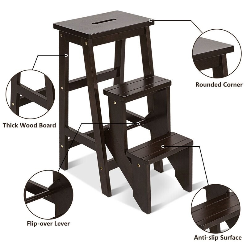 Costway 3-tier Contemporary Pine Wood Multi-function Folding Ladder in Coffee