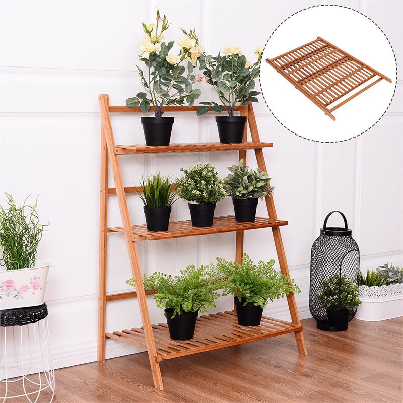 Costway 3-tier Contemporary Bamboo Folding Flower Pot Shelf in Light Brown