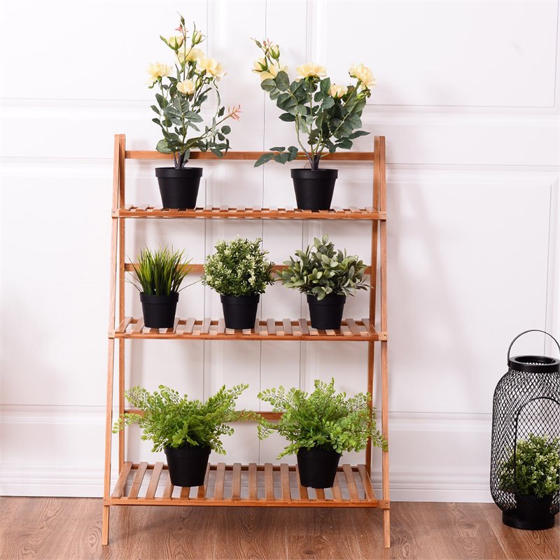 Costway 3-tier Contemporary Bamboo Folding Flower Pot Shelf in Light Brown