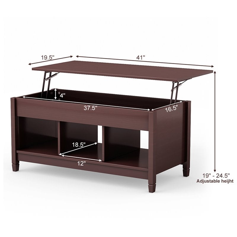 Costway Solid Wood Lift Top Coffee Table with Storage Shelves in Brown