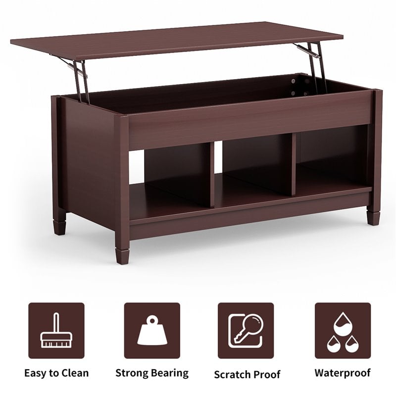 Costway Solid Wood Lift Top Coffee Table with Storage Shelves in Brown
