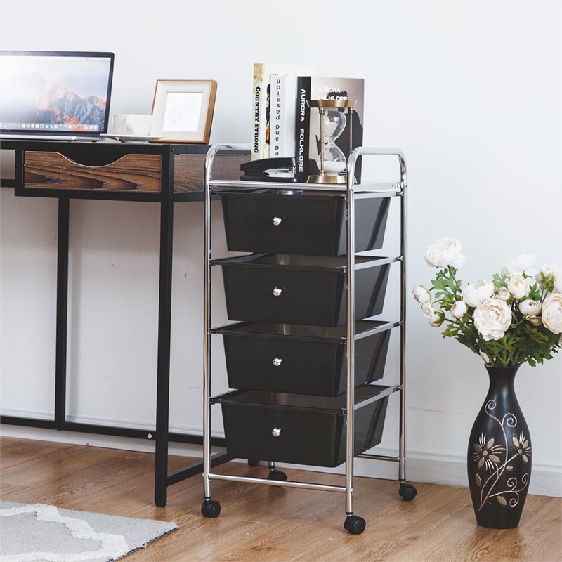 Costway 4-drawer Contemporary PP and Steel Rolling Storage Cart in Black