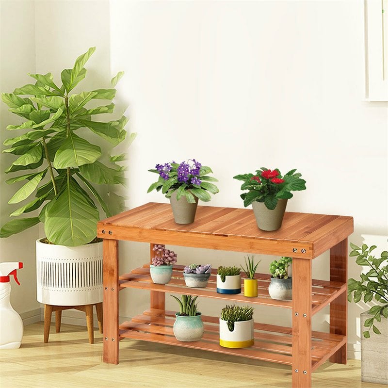 Costway Bamboo Shoe Rack Bench 3-tier Storage Shelf Holder Home