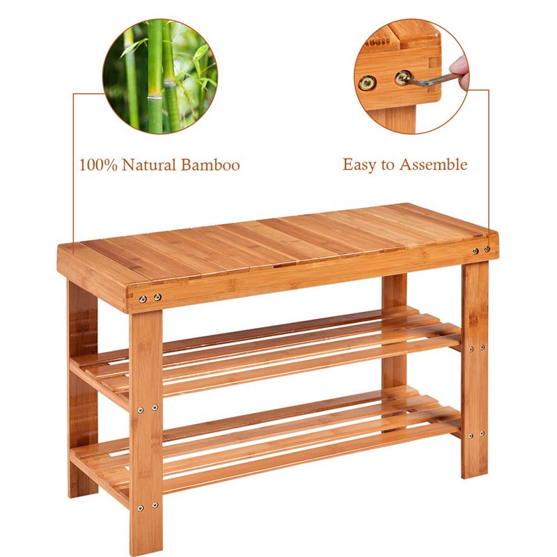 Costway 3-tier Contemporary Bamboo Shoe Rack Bench in Natural