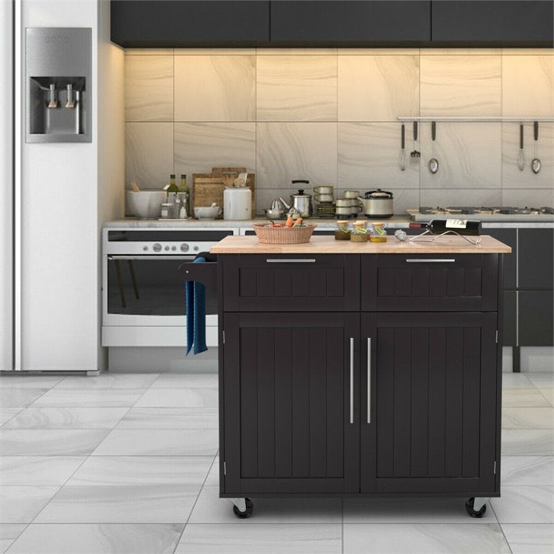 Costway Contemporary MDF and Rubberwood Kitchen Island Cart in Brown