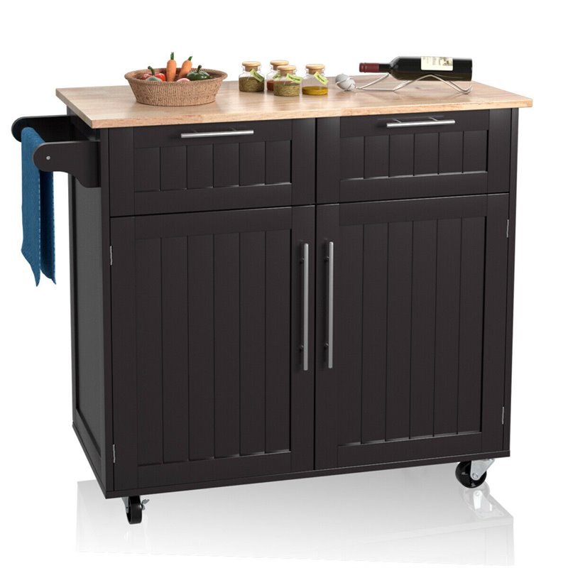 Costway Contemporary MDF and Rubberwood Kitchen Island Cart in Brown