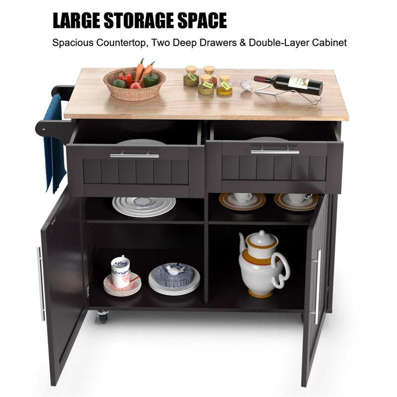 Costway Contemporary MDF and Rubberwood Kitchen Island Cart in Brown