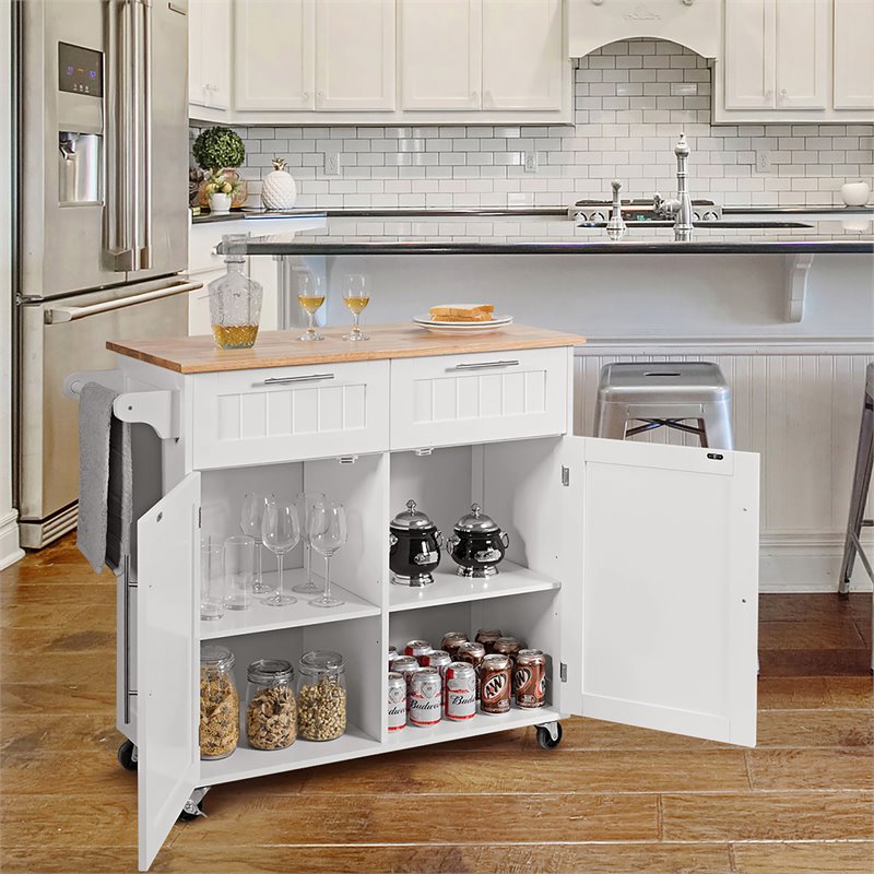 Costway Contemporary MDF and Rubberwood Kitchen Island Cart in White