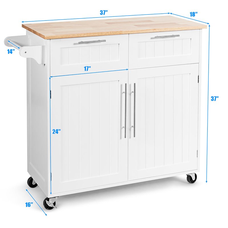 Costway Contemporary MDF and Rubberwood Kitchen Island Cart in White
