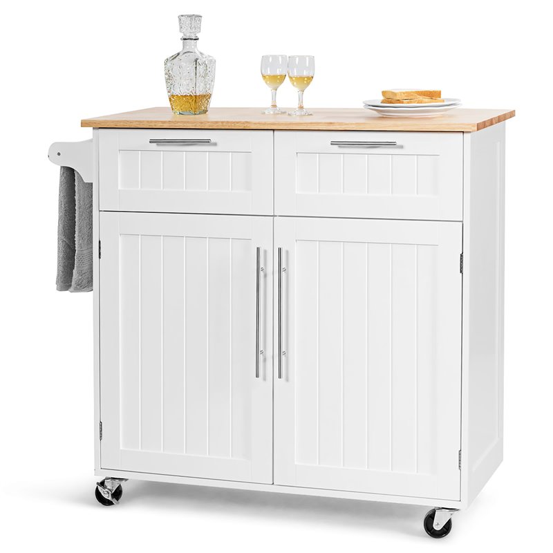 Costway Contemporary MDF and Rubberwood Kitchen Island Cart in White