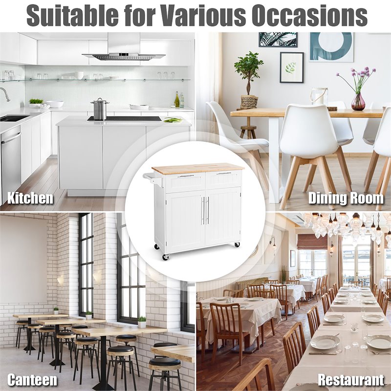 Costway Contemporary MDF and Rubberwood Kitchen Island Cart in White