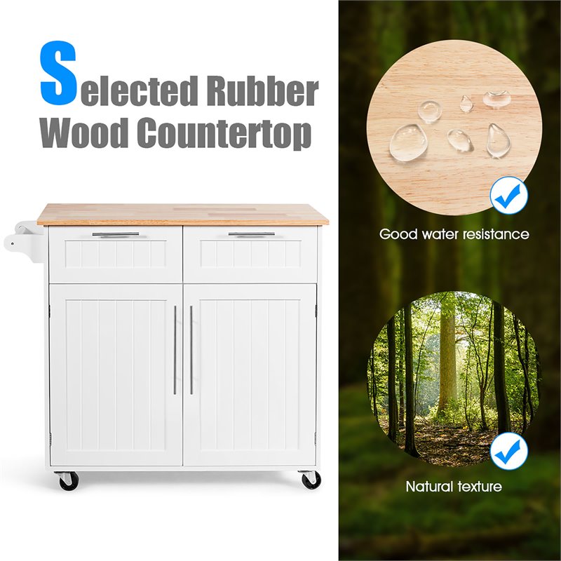 Costway Contemporary MDF and Rubberwood Kitchen Island Cart in White
