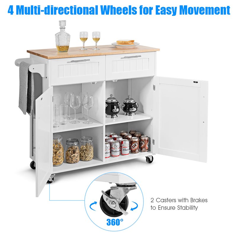 Costway Contemporary MDF and Rubberwood Kitchen Island Cart in White
