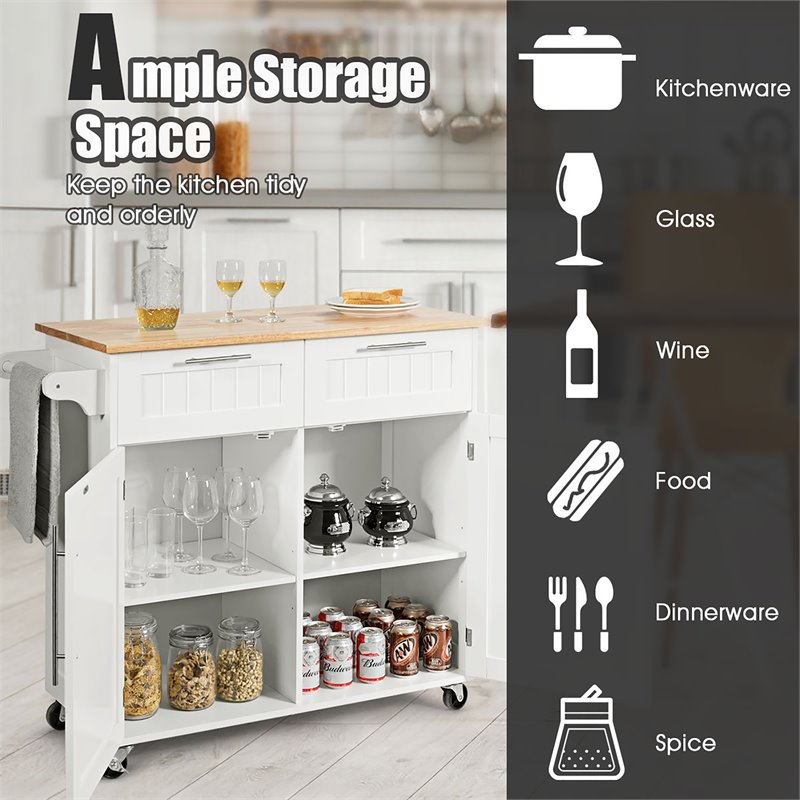 Costway Contemporary MDF and Rubberwood Kitchen Island Cart in White