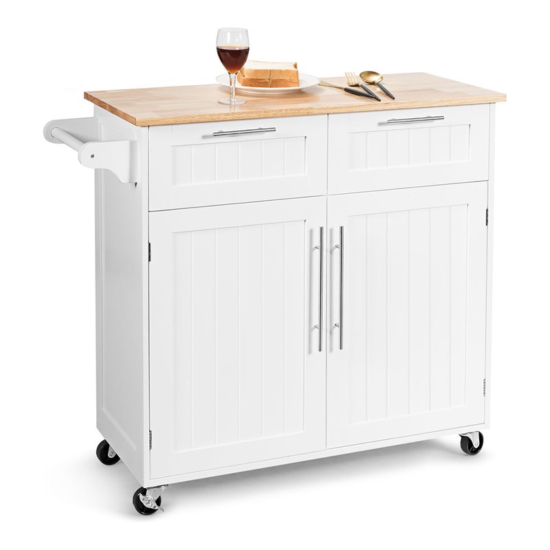 Costway Contemporary MDF and Rubberwood Kitchen Island Cart in White