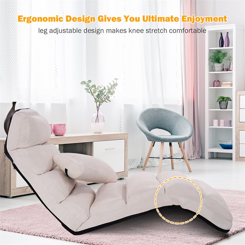 Costway Contemporary Suede Folding Lazy Sofa Chair with Pillow in Beige