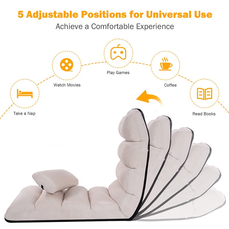 Costway Contemporary Suede Folding Lazy Sofa Chair with Pillow in Beige