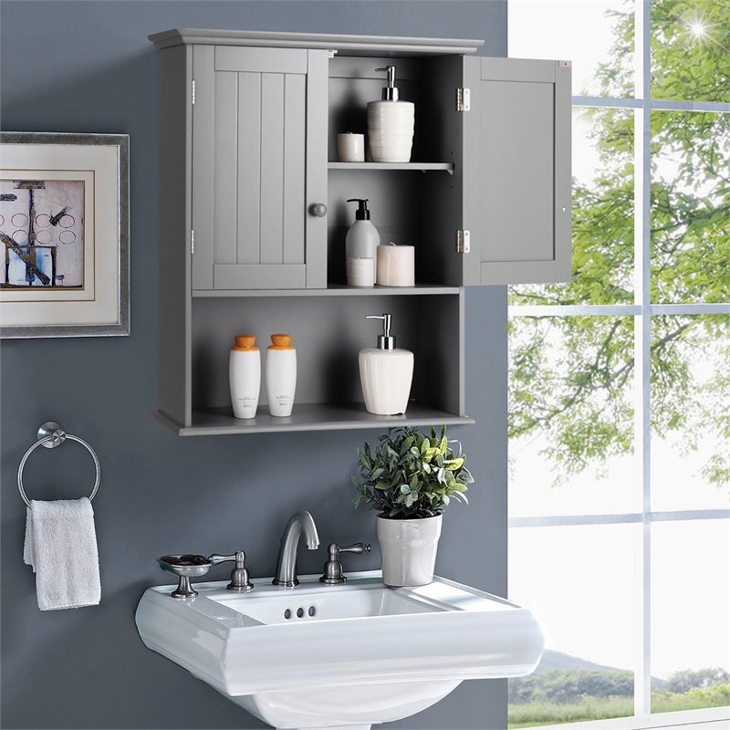 Costway Contemporary MDF Wall Mount Bathroom Cabinet in Gray